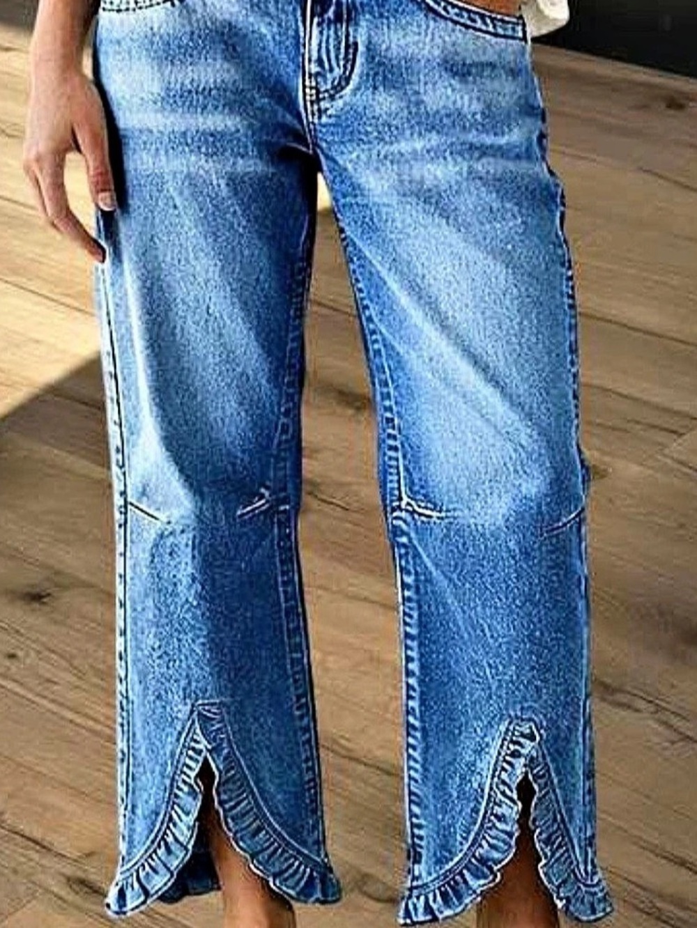Flamingals Wash Ruffle Split Hem Mid Rise Straight Leg Cropped Jeans Ruffle